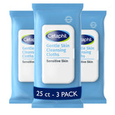 Cetaphil empaque frontal que muestra 25 toallitas y portabilidad