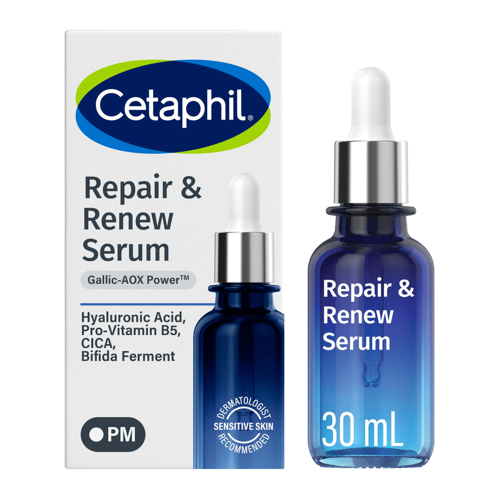 Cetaphil botella frontal mostrando sérum nocturno, aspecto limpio y profesional