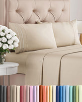 CGK Unlimited empaque frontal del set queen mostrando color Wheat y beneficios
