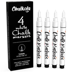 Chalkola pack frontal de 4 marcadores blancos mostrando presentación y versatilidad