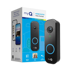 CHAMBERLAIN myQ vista frontal mostrando cámara y botones, mayor seguridad