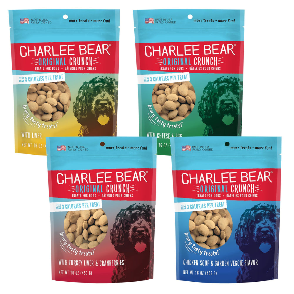 Charlee Bear frente del empaque mostrando variedad de sabores y bajo contenido calórico