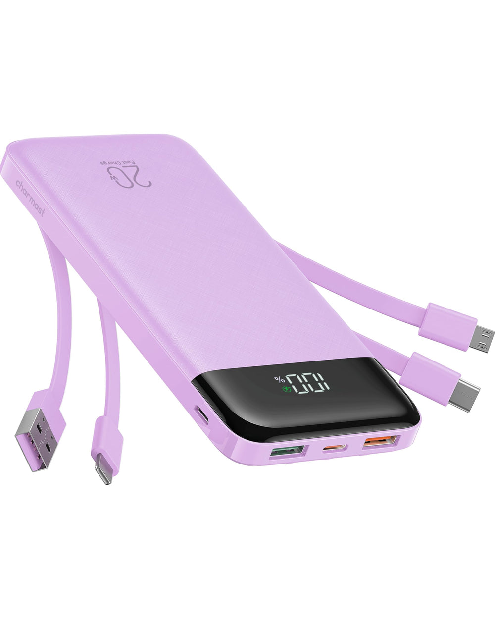 charmast vista frontal del power bank mostrando diseño compacto y portabilidad