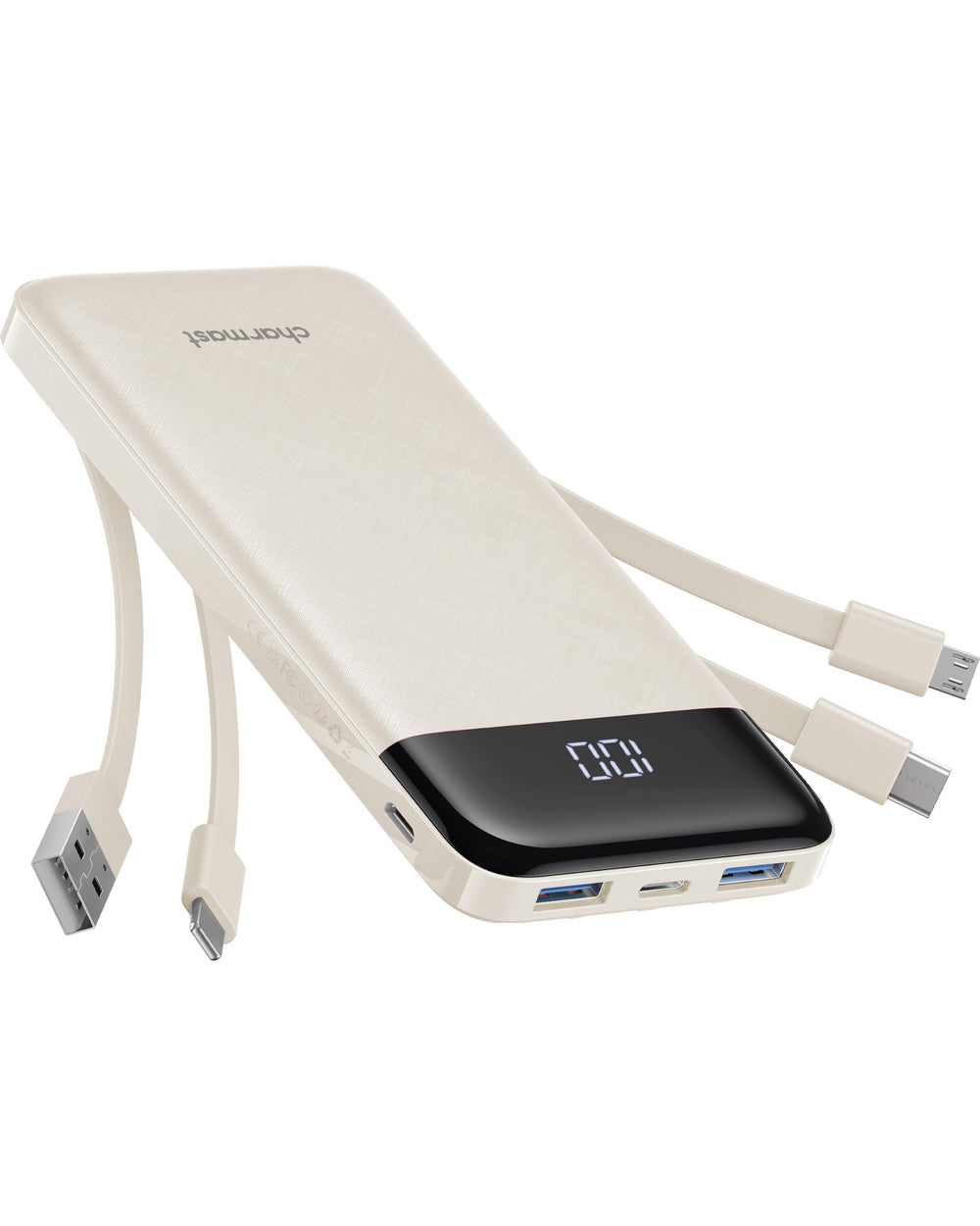 charmast vista frontal del power bank mostrando diseño compacto y beneficio portátil