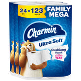 Charmin empaque frontal 24 Family Mega mostrando ahorro y conveniencia
