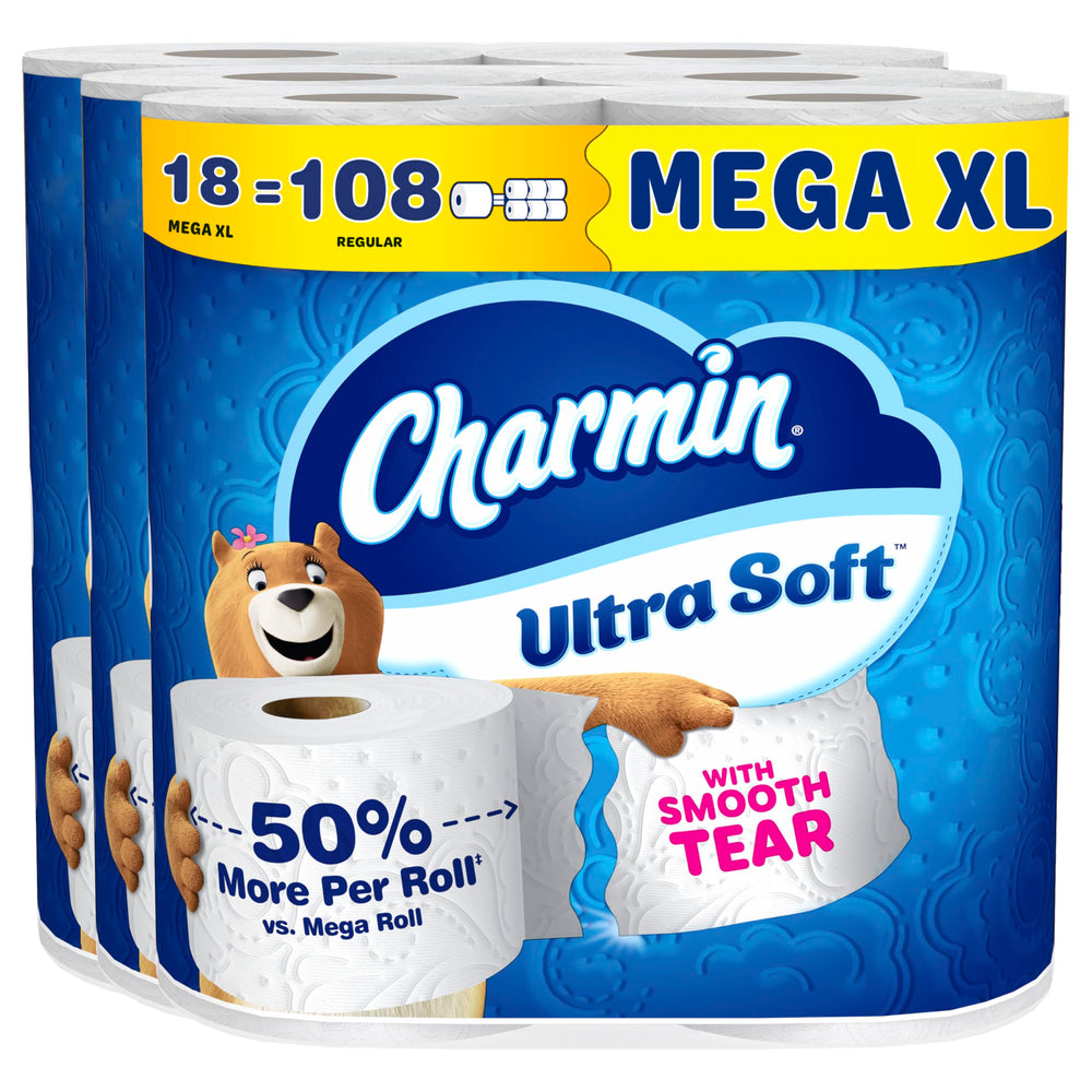 Charmin paquete frontal mostrando 18 Mega XL para menos reposición