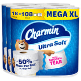 Charmin paquete frontal mostrando 18 Mega XL para menos reposición