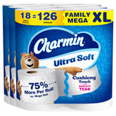 Charmin Ultra Soft paquete frontal mostrando valor familiar y suavidad