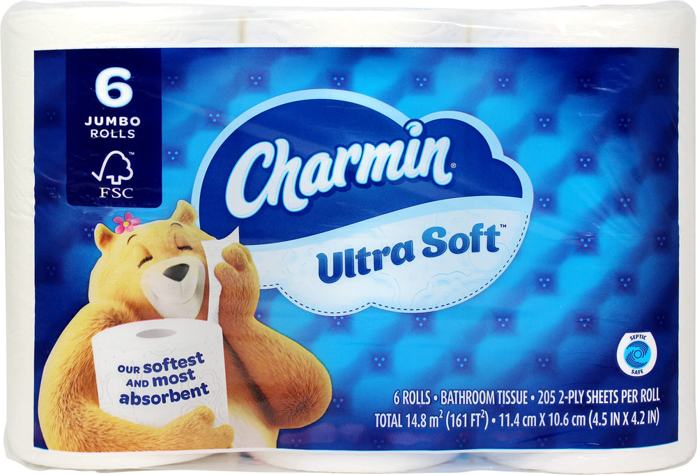 Charmin mostrando rollo jumbo frontal que destaca suavidad y larga duración