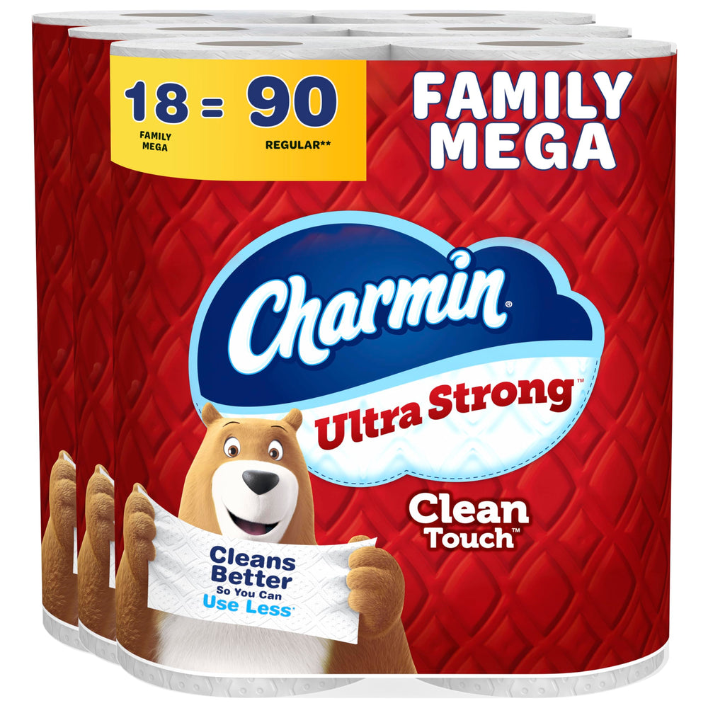 Charmin paquete frontal mostrando 18 Family Mega Rolls y ahorro