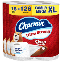 Charmin frente del paquete mostrando 18 rollos y ahorro