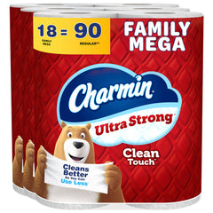 Charmin paquete frontal mostrando 18 Family Mega Rolls y ahorro