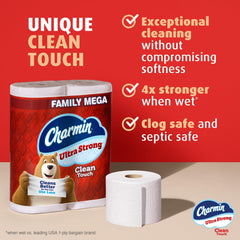 Charmin rollo en primer plano con enfoque en robustez al tacto