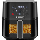 Chefman freidora frontal mostrando diseño compacto y ahorro de espacio