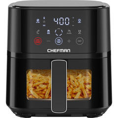 Chefman freidora frontal mostrando diseño compacto y ahorro de espacio