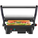 Chefman vista frontal del grill con acabado inoxidable y control compacto