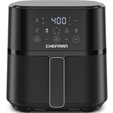 Chefman vista frontal negra con diseño compacto y control táctil beneficioso