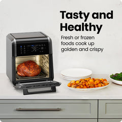 Chefman rotisserie con pollo dorado que muestra piel crujiente y menos grasa