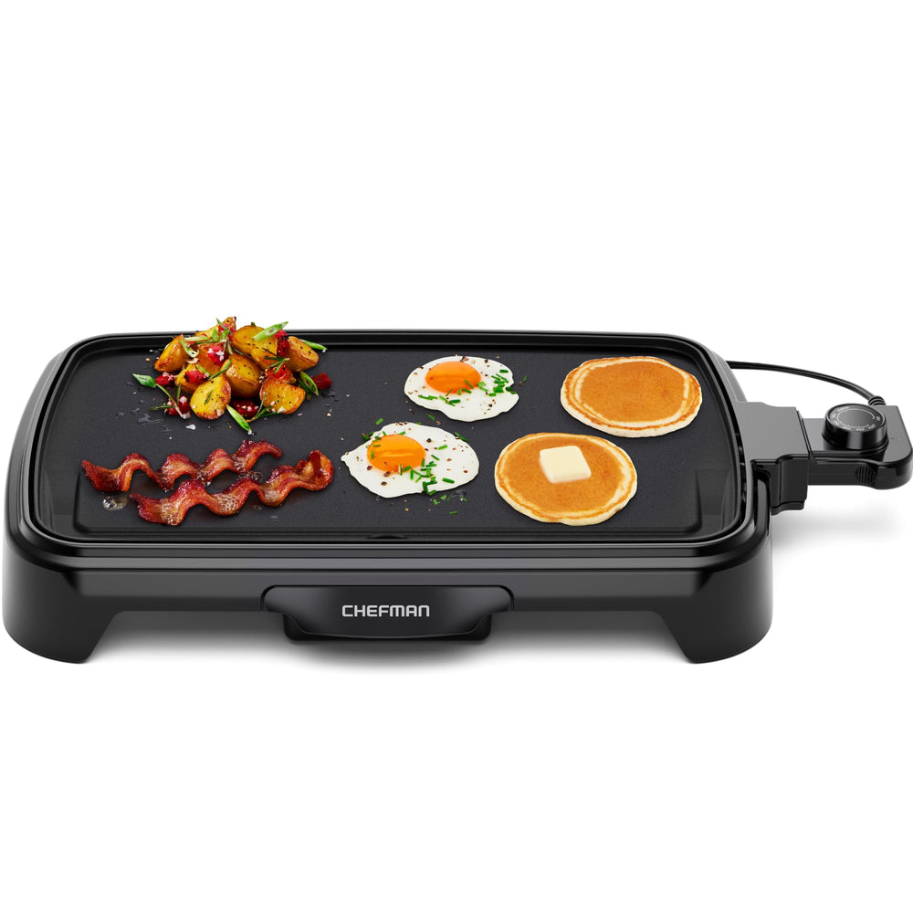 Chefman plancha frontal mostrando diseño compacto y superficie antiadherente para cocción eficiente