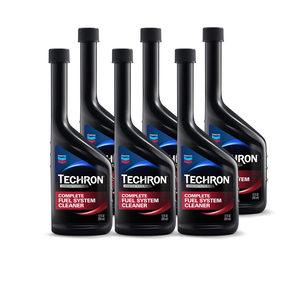 Chevron Techron frasco frontal mostrando etiqueta y uso para limpiar sistema de combustible