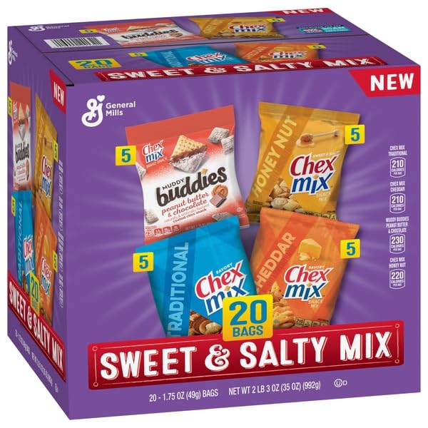 Chex Mix empaque frontal mostrando las 20 bolsitas y variedad de sabores, práctico para llevar