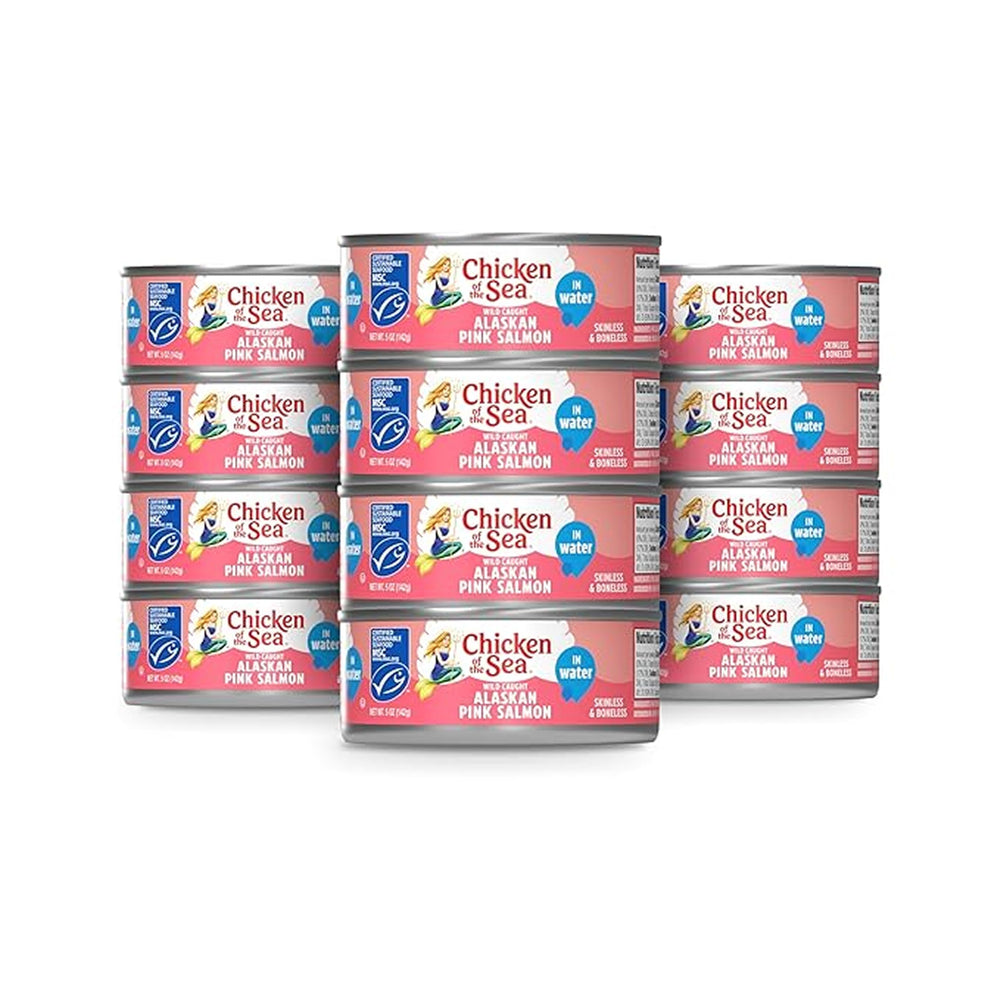 Chicken of the Sea front packaging showing 12-count salmon cans and convenience
