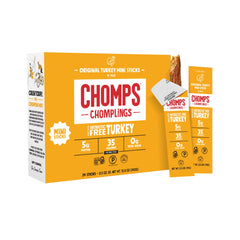 Chomps paquete frontal mostrando 24 palitos de pavo, conveniencia portátil