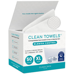 CLEAN SKIN CLUB empaque frontal mostrando 50 toallitas, práctico y portátil