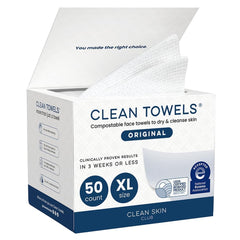 CLEAN SKIN CLUB vista frontal del paquete mostrando 50 toallas, higiene inmediata