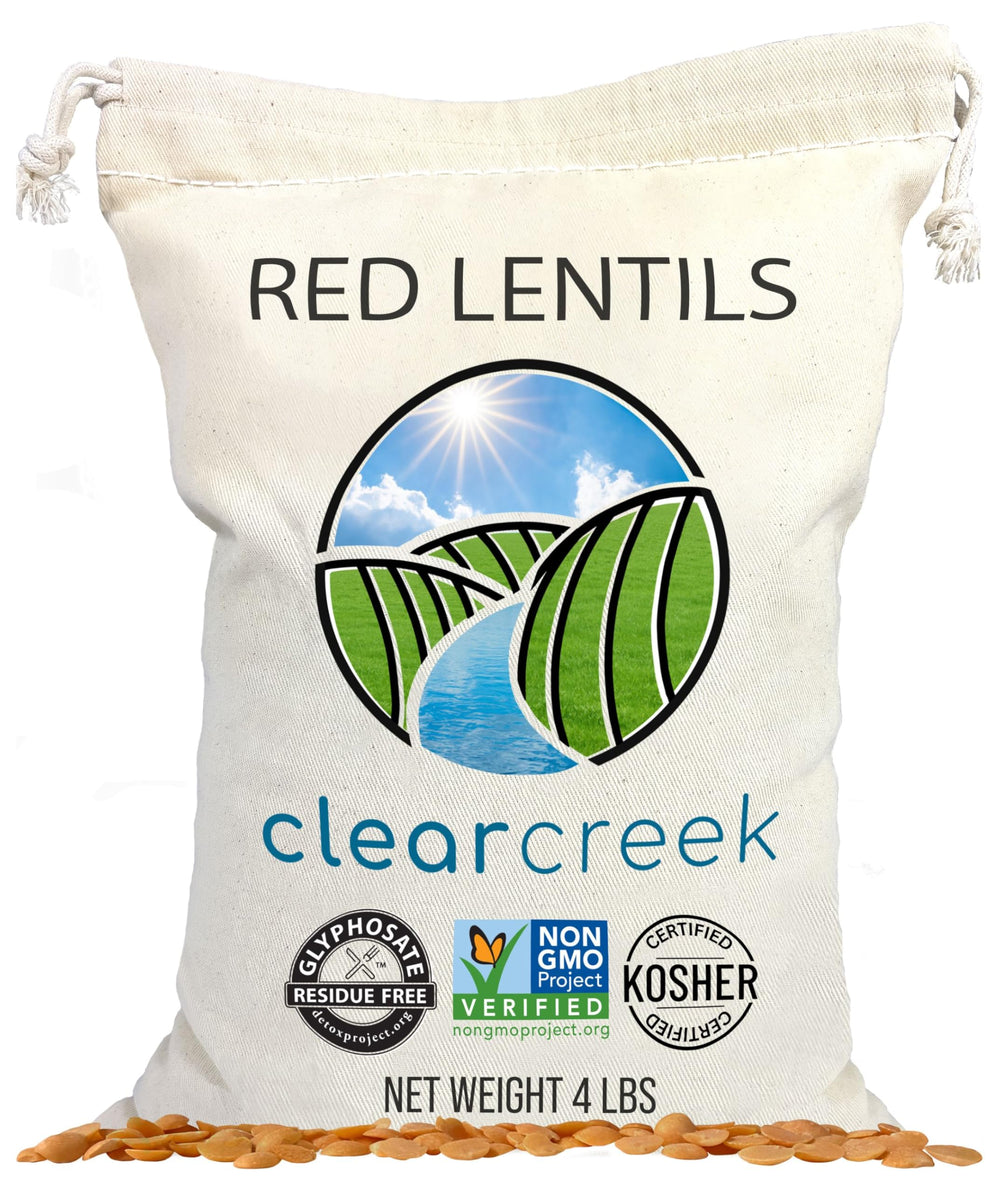 CLEAR CREEK paquete frontal de lentejas rojas mostrando etiqueta y tamaño