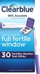 Clearblue empaque frontal mostrando 30 tiras, organiza seguimiento fácil
