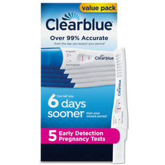 Clearblue frente del empaque mostrando pack de cinco pruebas y confianza