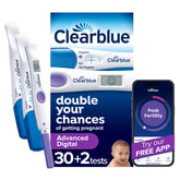 Clearblue embalaje frontal mostrando 32 unidades y beneficio de planificación