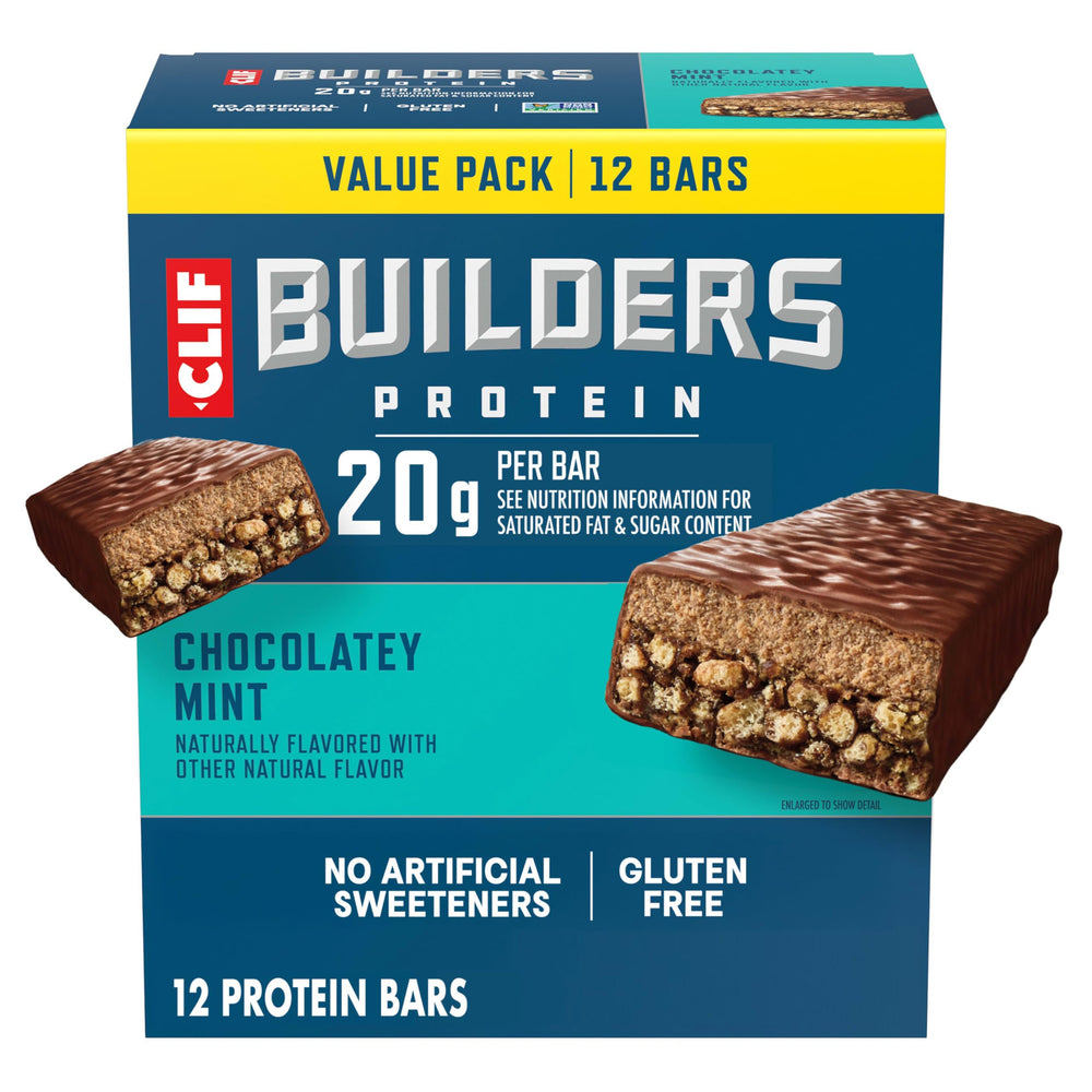 CLIF BUILDER'S empaque frontal mostrando sabor chocolate mint y beneficio proteico