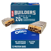 CLIF BUILDERS empaque frontal mostrando sabor White Fudge OREO y beneficios