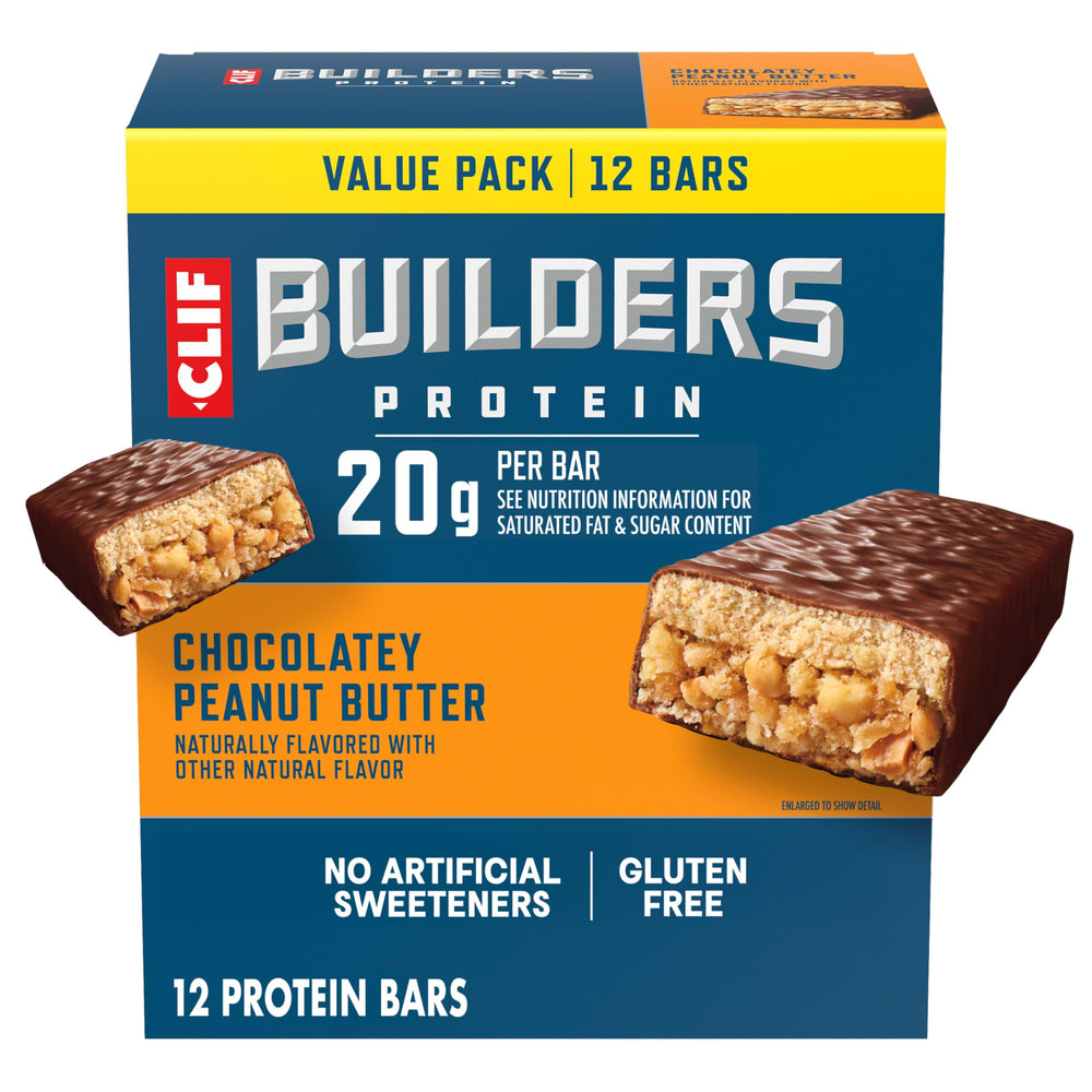 CLIF BUILDERS empaque frontal mostrando sabor chocolate y mantequilla de cacahuete, fácil identificación