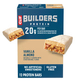 CLIF BUILDER'S front packaging showing vanilla almond flavor and 12-pack convenience