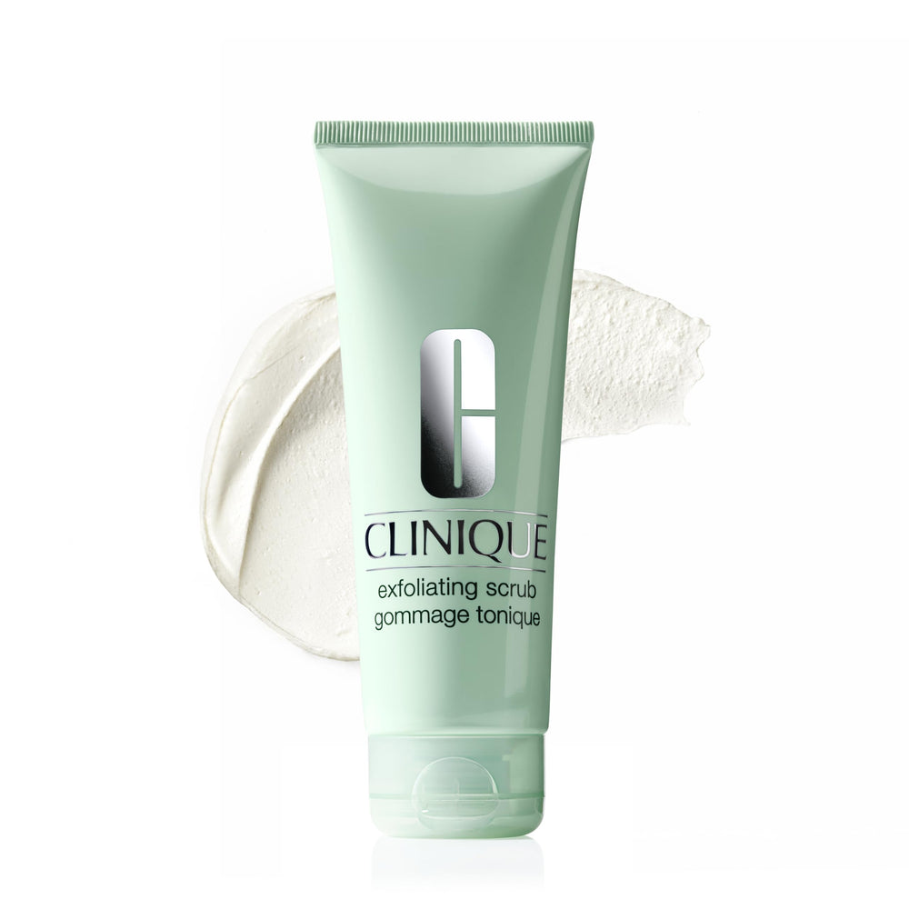 Clinique exfoliating face scrub vista frontal con envase claro y limpio, aspecto profesional