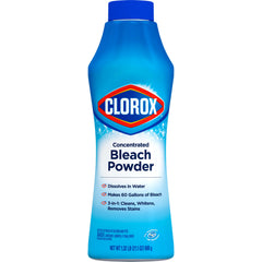 Clorox envase frontal del polvo blanqueador muestra tamaño y marca, uso eficiente