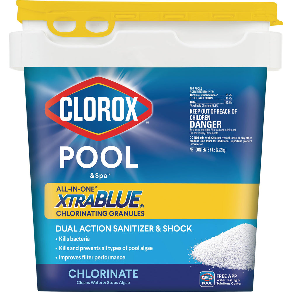 CLOROX Pool&Spa front packaging showing 6-pound tub and product branding, easy storage benefit