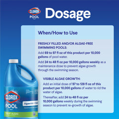 Clorox Pool&Spa textura líquida vertiéndose, fórmula concentrada para clarificar agua