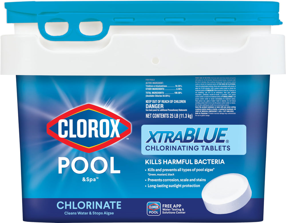 CLOROX Pool&Spa empaque frontal bolsa 25 lb mostrando el producto y ventajas