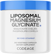Codeage envase frontal de Liposomal Magnesium Glycinate mostrando etiqueta clara y beneficios