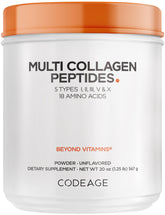 Codeage envase frontal mostrando el sello de 5 tipos de colágeno y beneficios claros