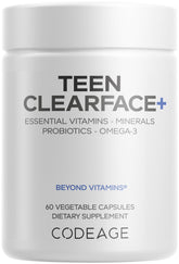 Codeage botella frontal mostrando diseño y ventaja apoyo para piel adolescente