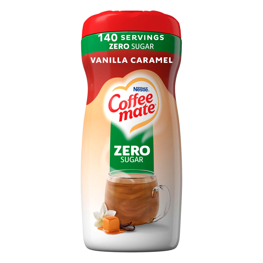 Coffee-mate envase frontal Vanilla Caramel presentando etiqueta clara y atractivo visual