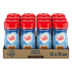 Coffee Mate frente del envase mostrando la etiqueta y sabor French Vanilla, práctico y reconocible
