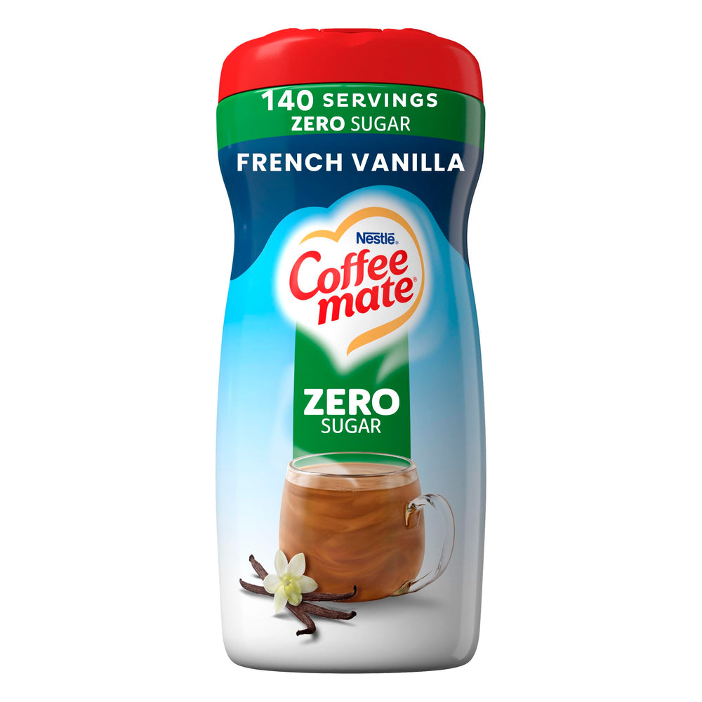 Coffee-mate bottle front packaging showing French Vanilla flavor and benefit of easy pouring