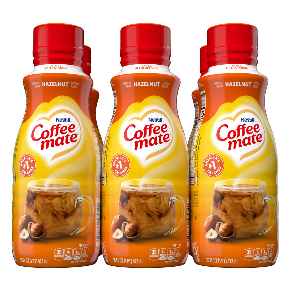 Coffee Mate frente de botella avellana mostrando etiqueta y formato práctico