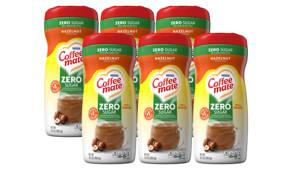 Coffee‑Mate envase frontal mostrando marca y sabor avellana para decisiones de compra